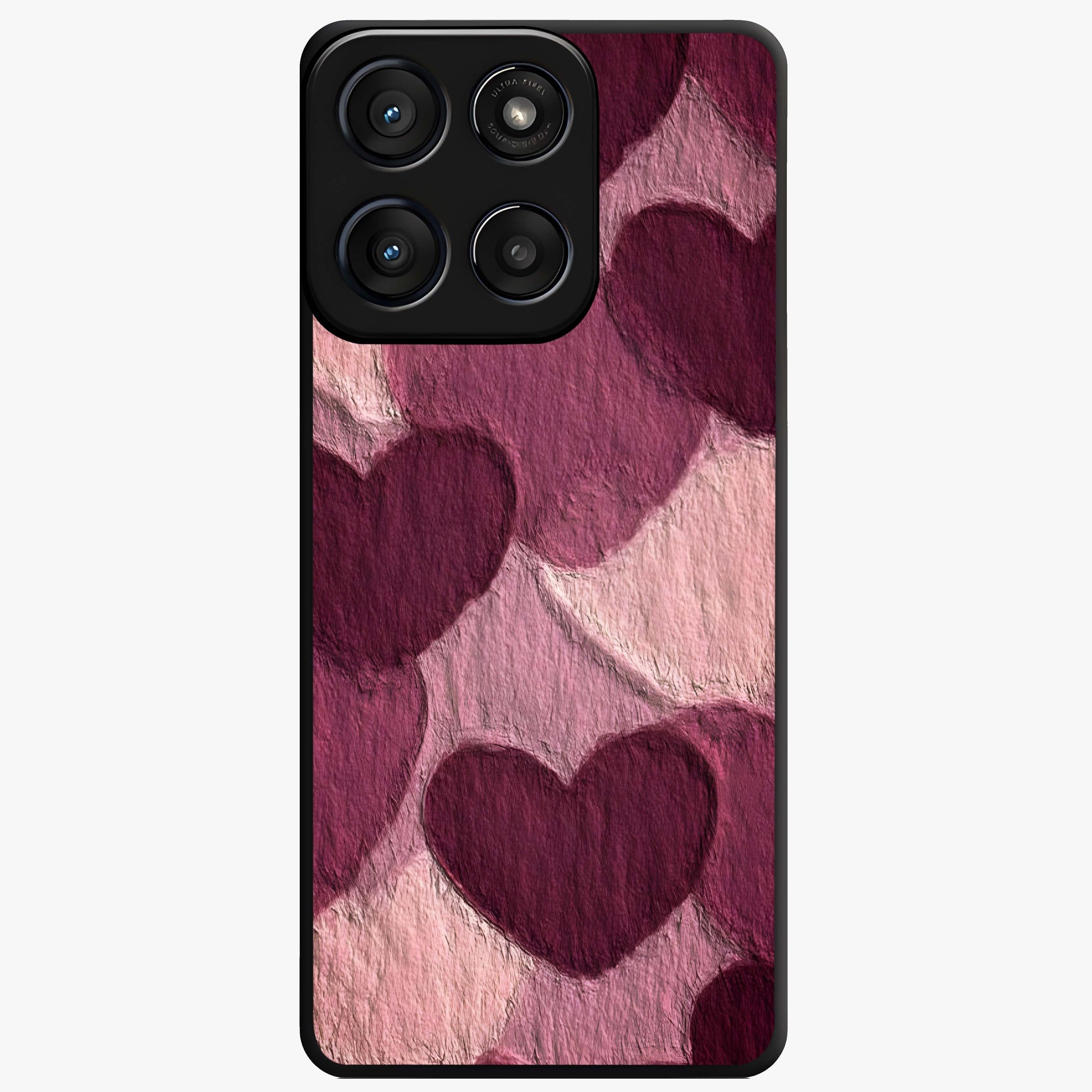 Layered Paper Hearts Glass Case showing flat back view with layered paper heart artwork and glossy glass finish.