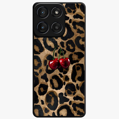 Leopard Wild Cherry Glass Case showing flat back view with leopard pattern and cherry artwork and glossy glass finish.