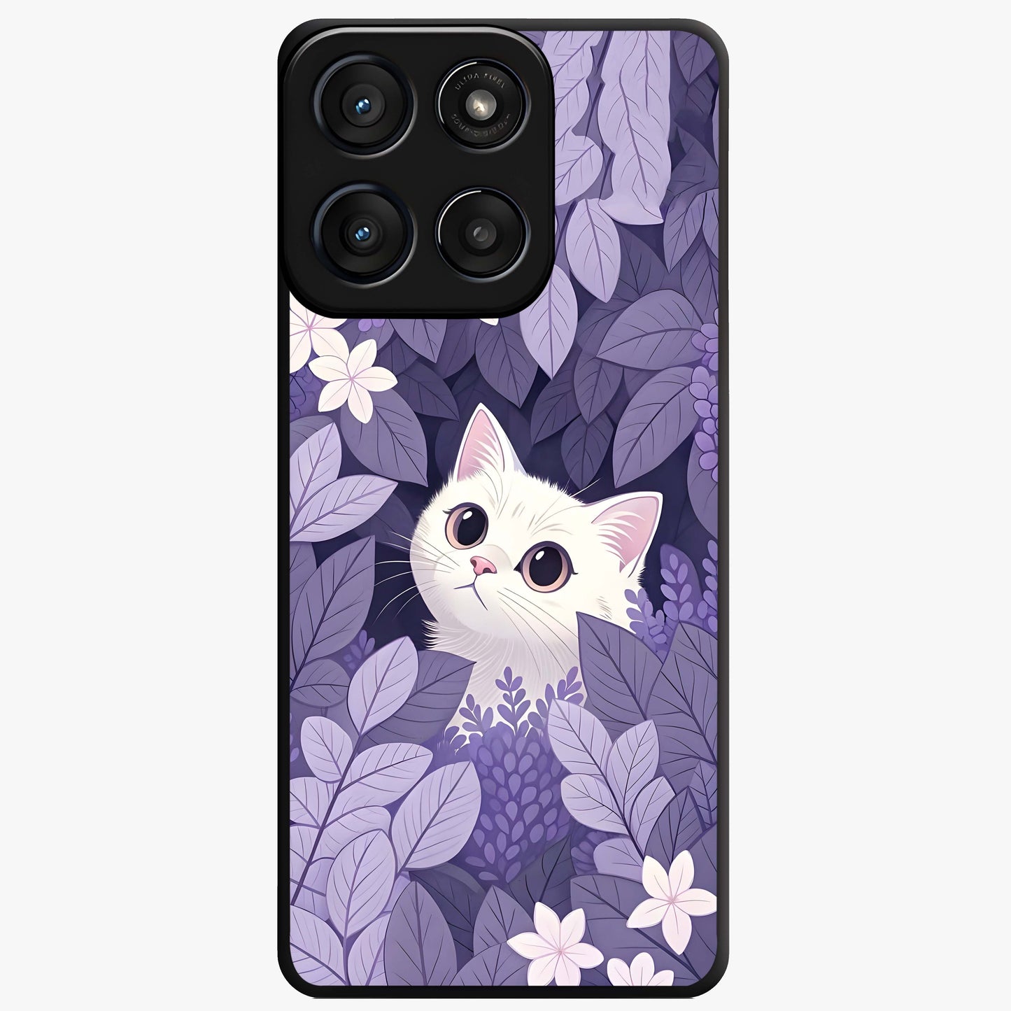 Lilac Hide Peek Cat Glass Case showing flat back view with cute peeking cat artwork and glossy glass finish.