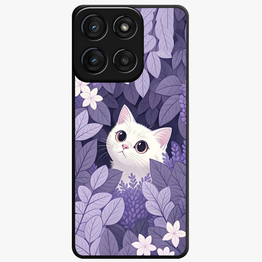 Lilac Hide Peek Cat Glass Case showing flat back view with cute peeking cat artwork and glossy glass finish.