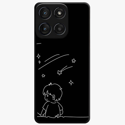 Line Art Boy With Shooting Stars Glass Case showing flat back view with minimal line art boy and shooting stars illustration and glossy glass finish.