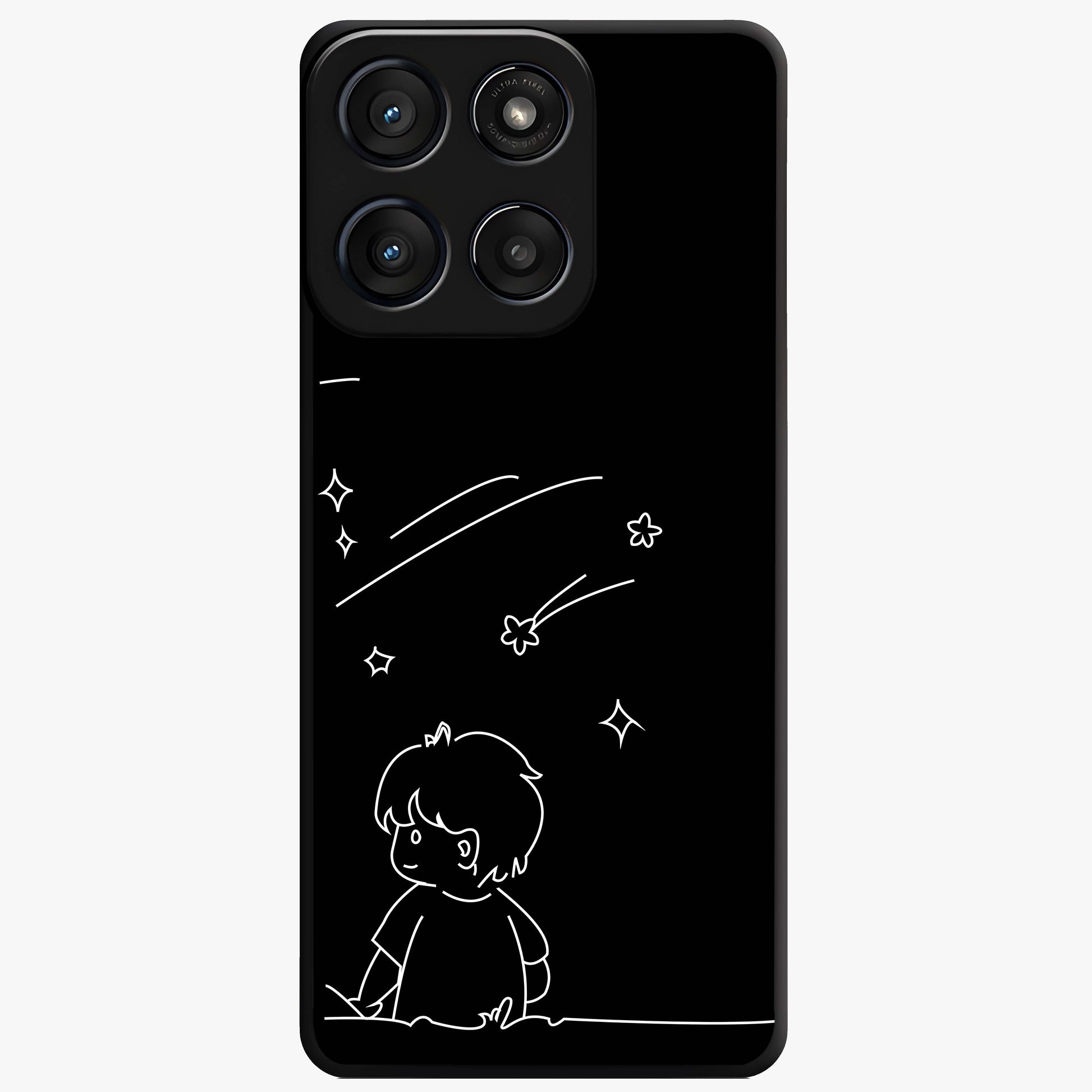 Line Art Boy With Shooting Stars Glass Case showing flat back view with minimal line art boy and shooting stars illustration and glossy glass finish.