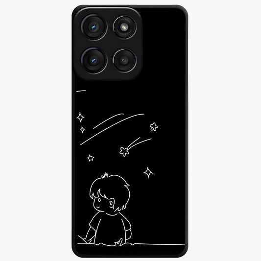 Line Art Boy With Shooting Stars Glass Case showing flat back view with minimal line art boy and shooting stars illustration and glossy glass finish.