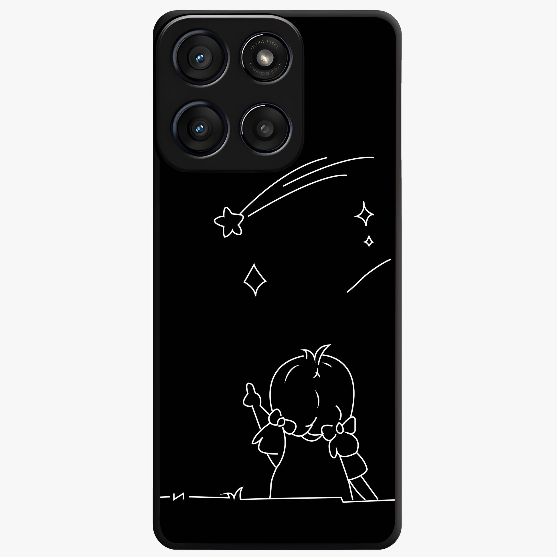 Line Art Girl With Shooting Stars Glass Case showing flat back view with minimal line art girl and shooting stars illustration and glossy glass finish.