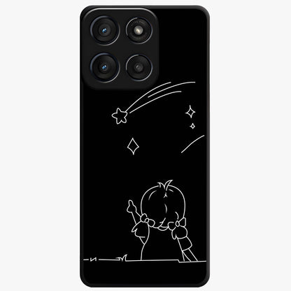 Line Art Girl With Shooting Stars Glass Case showing flat back view with minimal line art girl and shooting stars illustration and glossy glass finish.