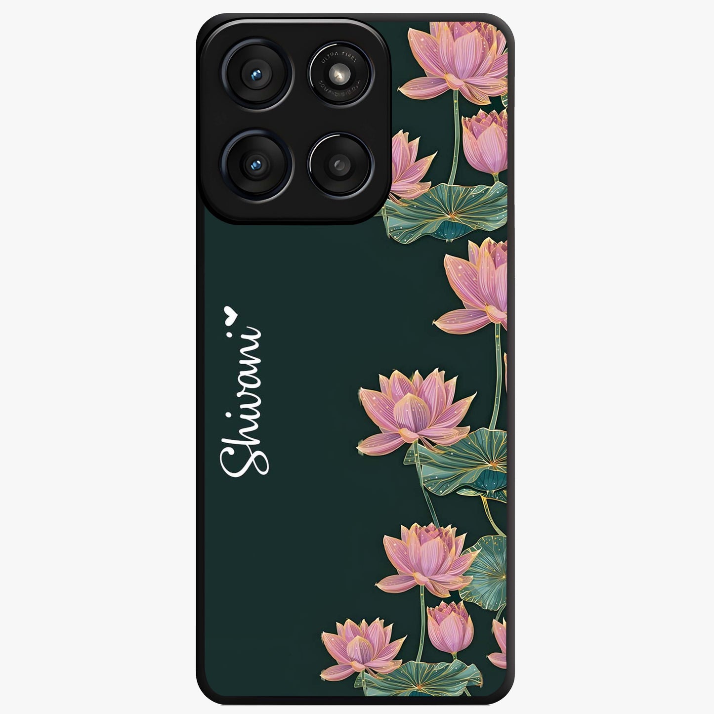 Lotus Bloom Serenity Custom Name Glass Case showing flat back view with elegant lotus flower artwork and personalized name design.