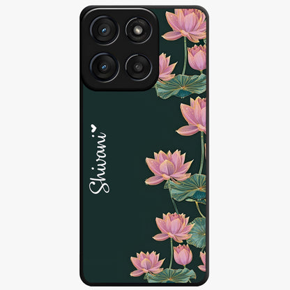 Lotus Bloom Serenity Custom Name Glass Case showing flat back view with elegant lotus flower artwork and personalized name design.