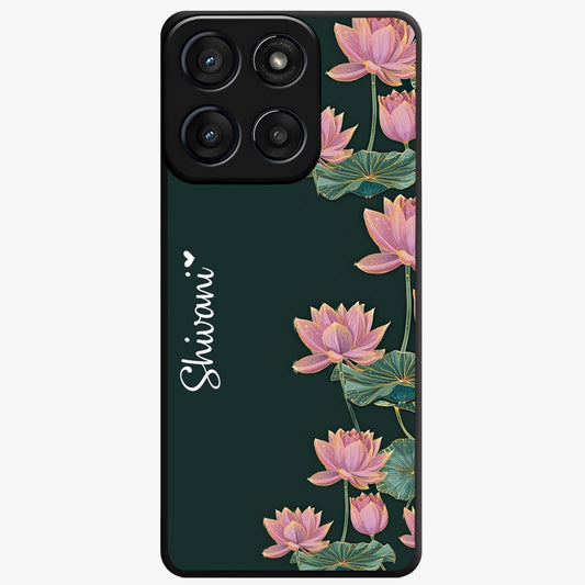Lotus Bloom Serenity Custom Name Glass Case showing flat back view with elegant lotus flower artwork and personalized name design.