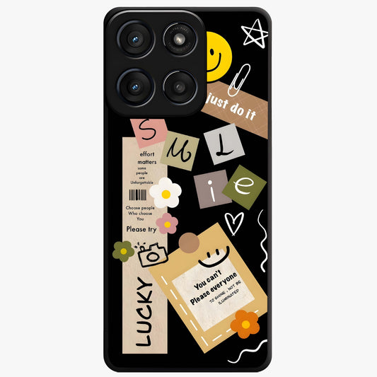 Lucky Aesthetic Collage Glass Case showing flat back view with trendy aesthetic collage artwork and glossy glass finish.