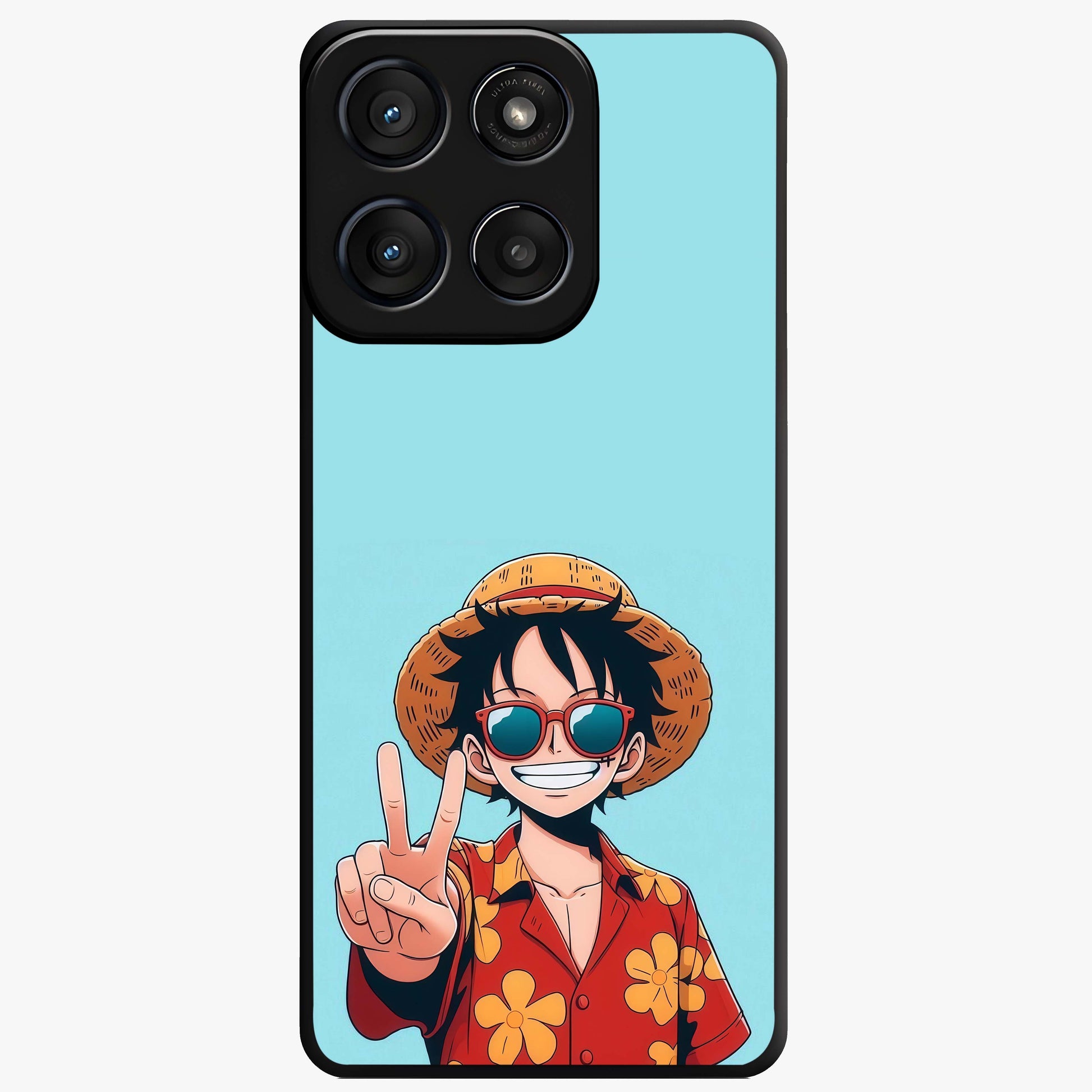 Luffy Summer Anime Vibe Glass Case showing flat back view with vibrant anime character artwork and glossy glass finish.