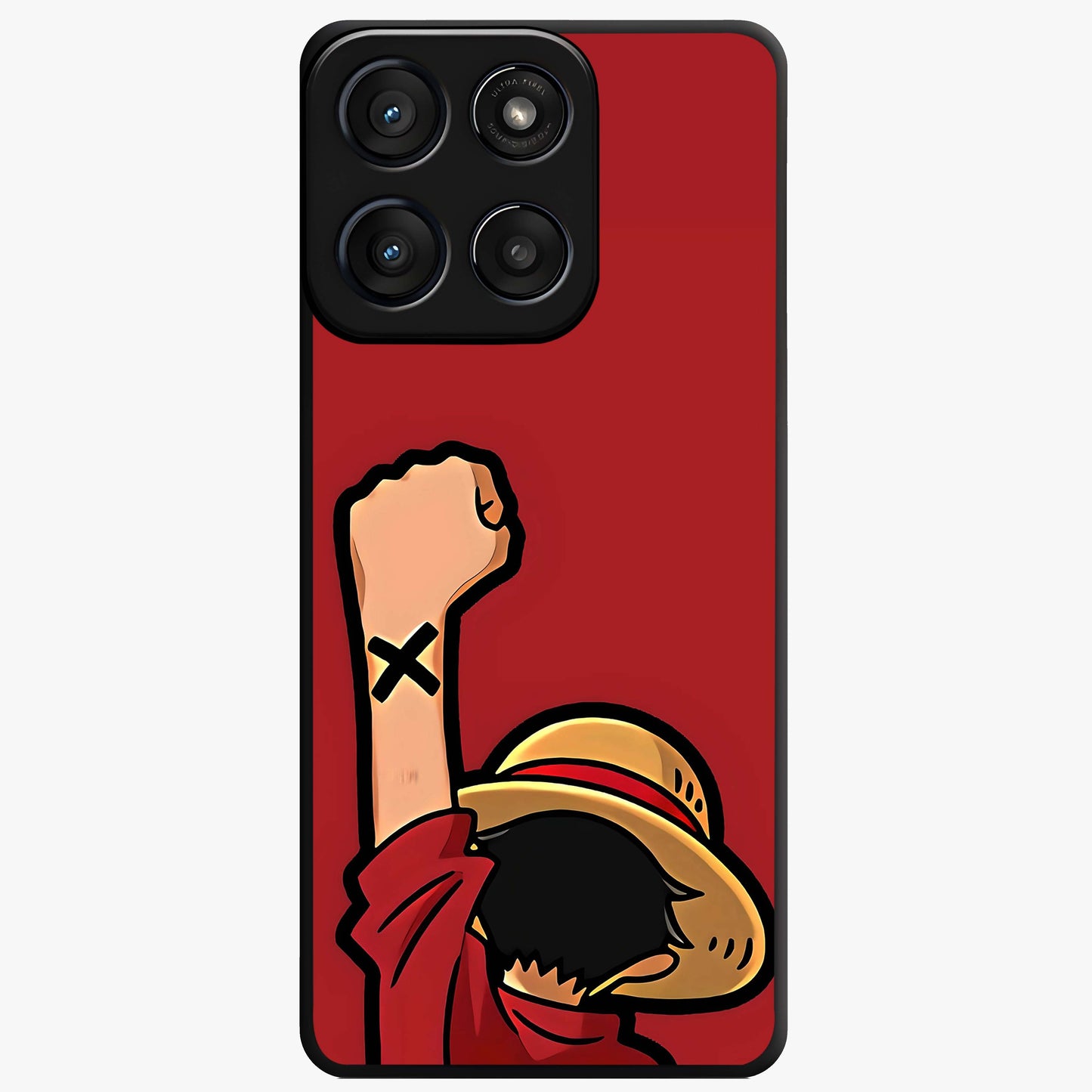 Luffy X Spirit Glass Case showing flat back view with bold anime character artwork and glossy glass finish.