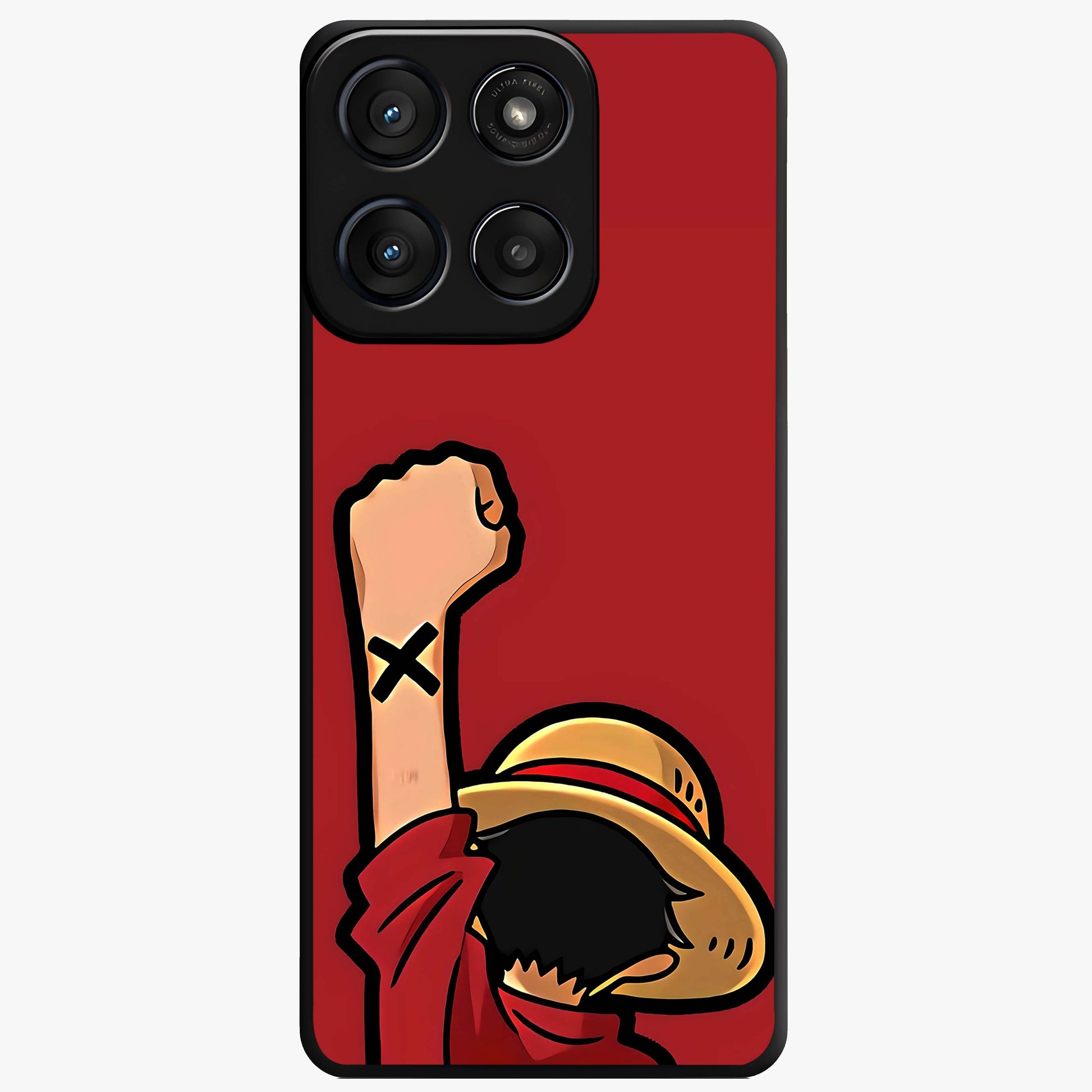 Luffy X Spirit Glass Case showing flat back view with bold anime character artwork and glossy glass finish.