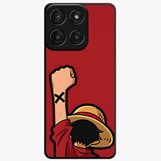 Luffy X Spirit Glass Case showing flat back view with bold anime character artwork and glossy glass finish.