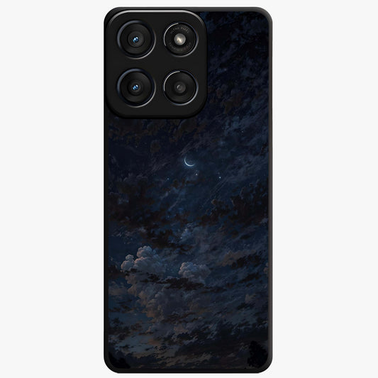 Lunar Veil Silence Glass Case showing flat back view with mystical moon veil artwork and glossy glass finish.