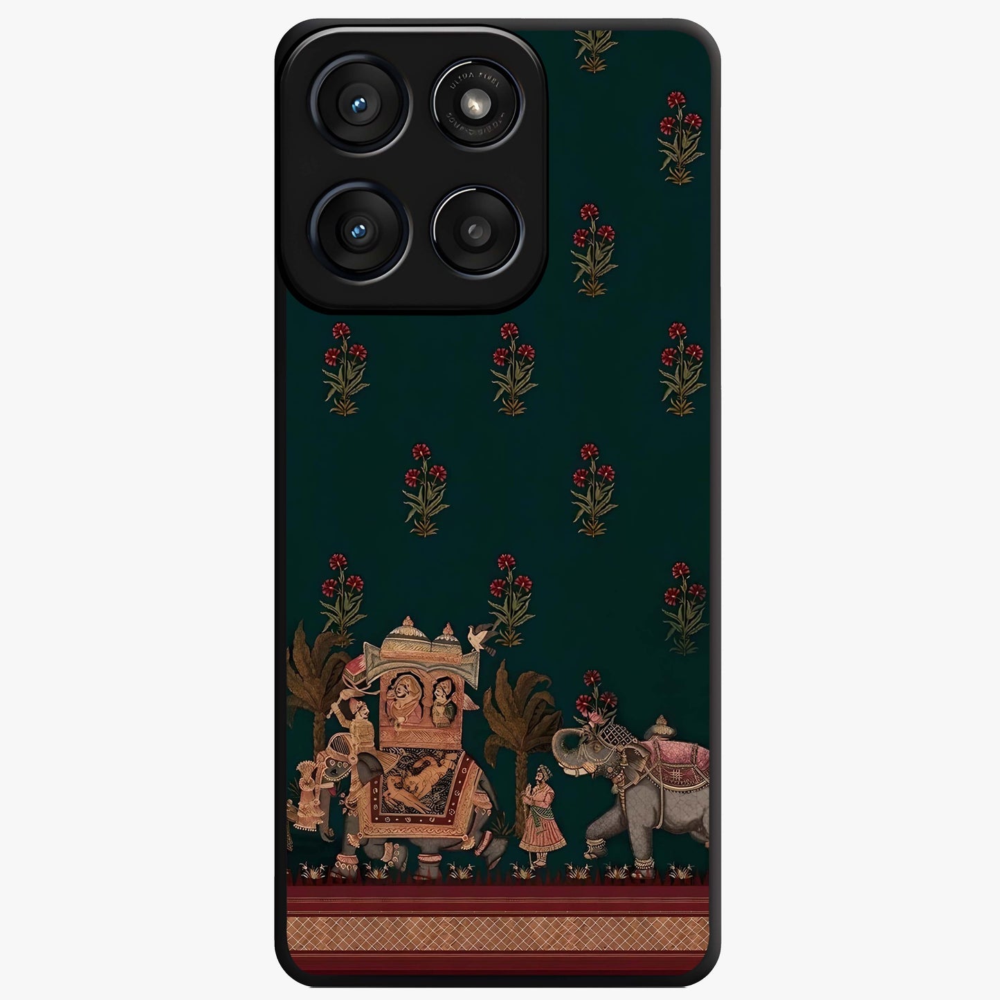 Macmerise Glass Case showing flat back view with stylish modern artwork and glossy glass finish.