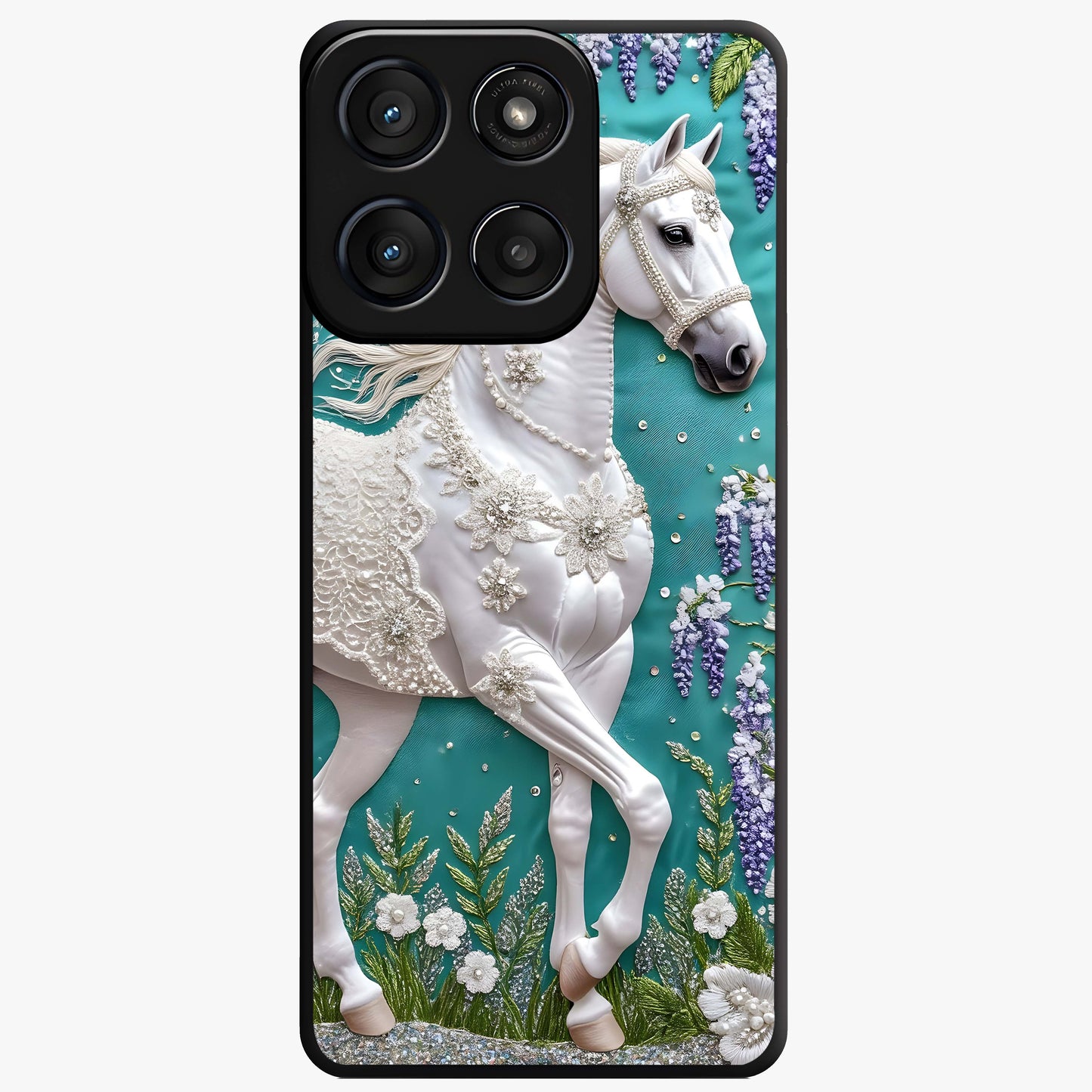 Majestic Floral Stallion Glass Case showing flat back view with powerful horse and floral artwork and glossy glass finish.
