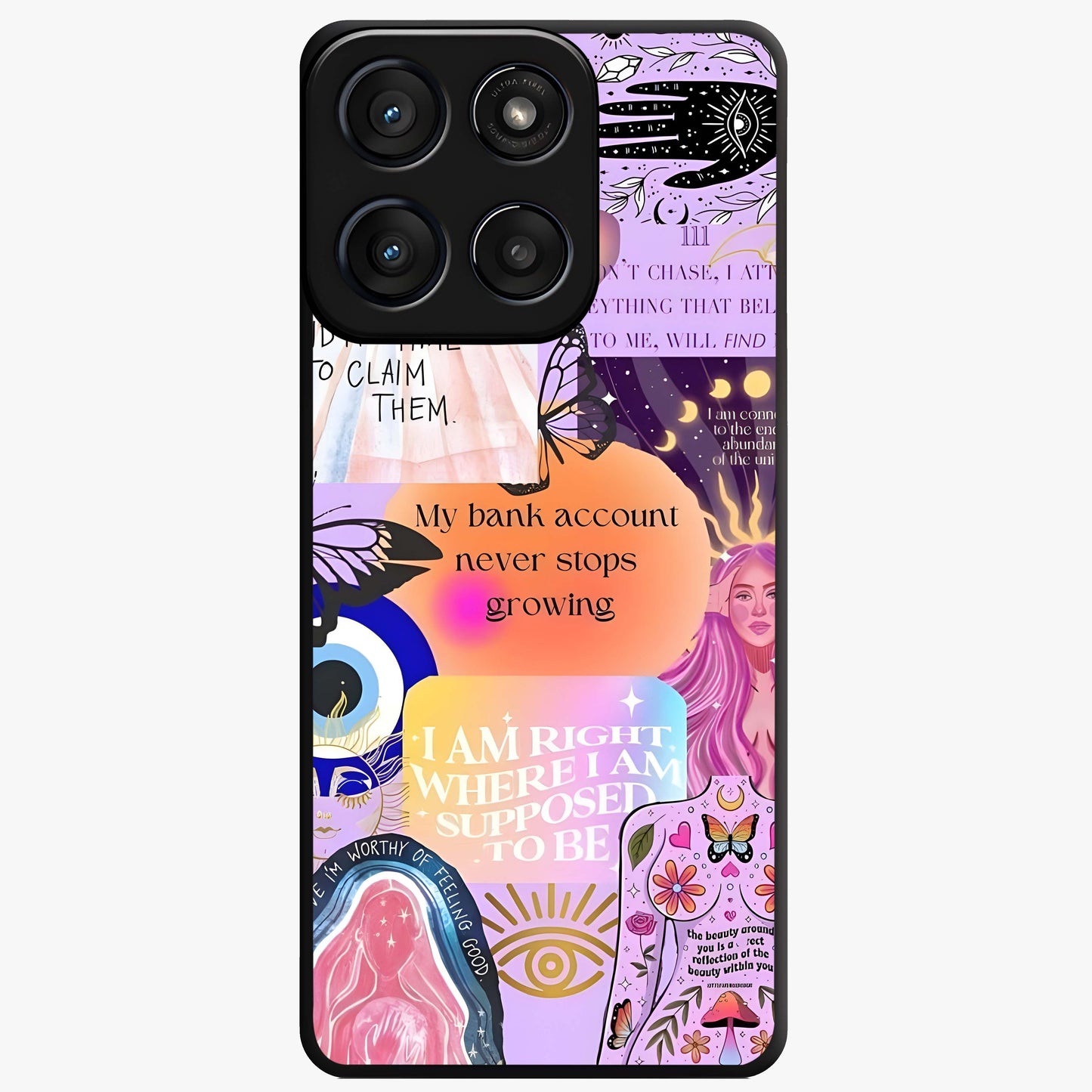 Manifestation Collage Glass Case showing flat back view with motivational collage artwork and glossy glass finish.
