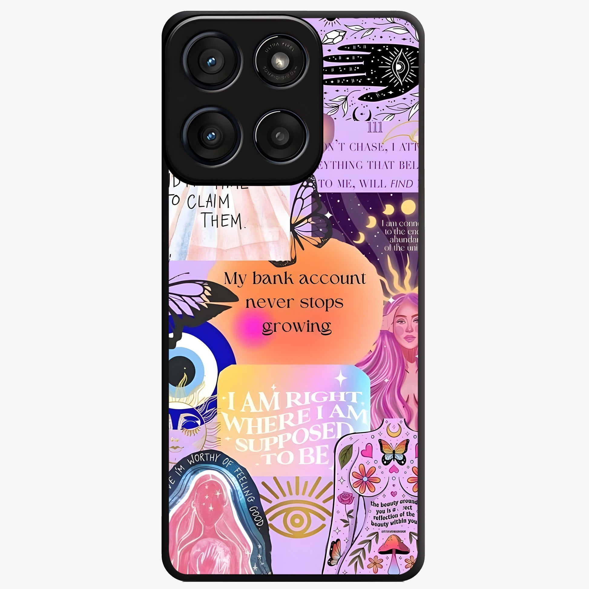 Manifestation Collage Glass Case showing flat back view with motivational collage artwork and glossy glass finish.