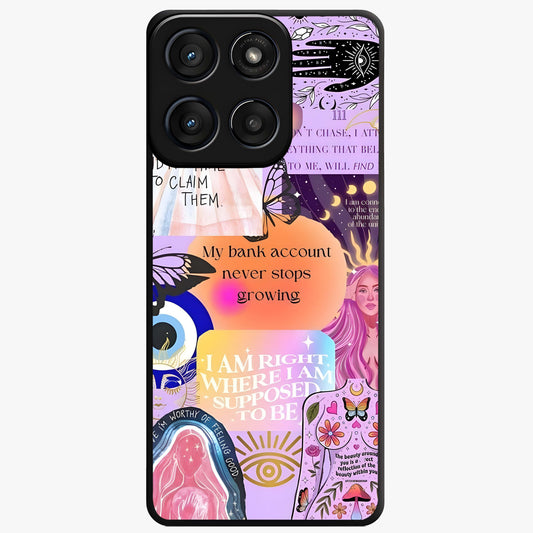Manifestation Collage Glass Case showing flat back view with motivational collage artwork and glossy glass finish.