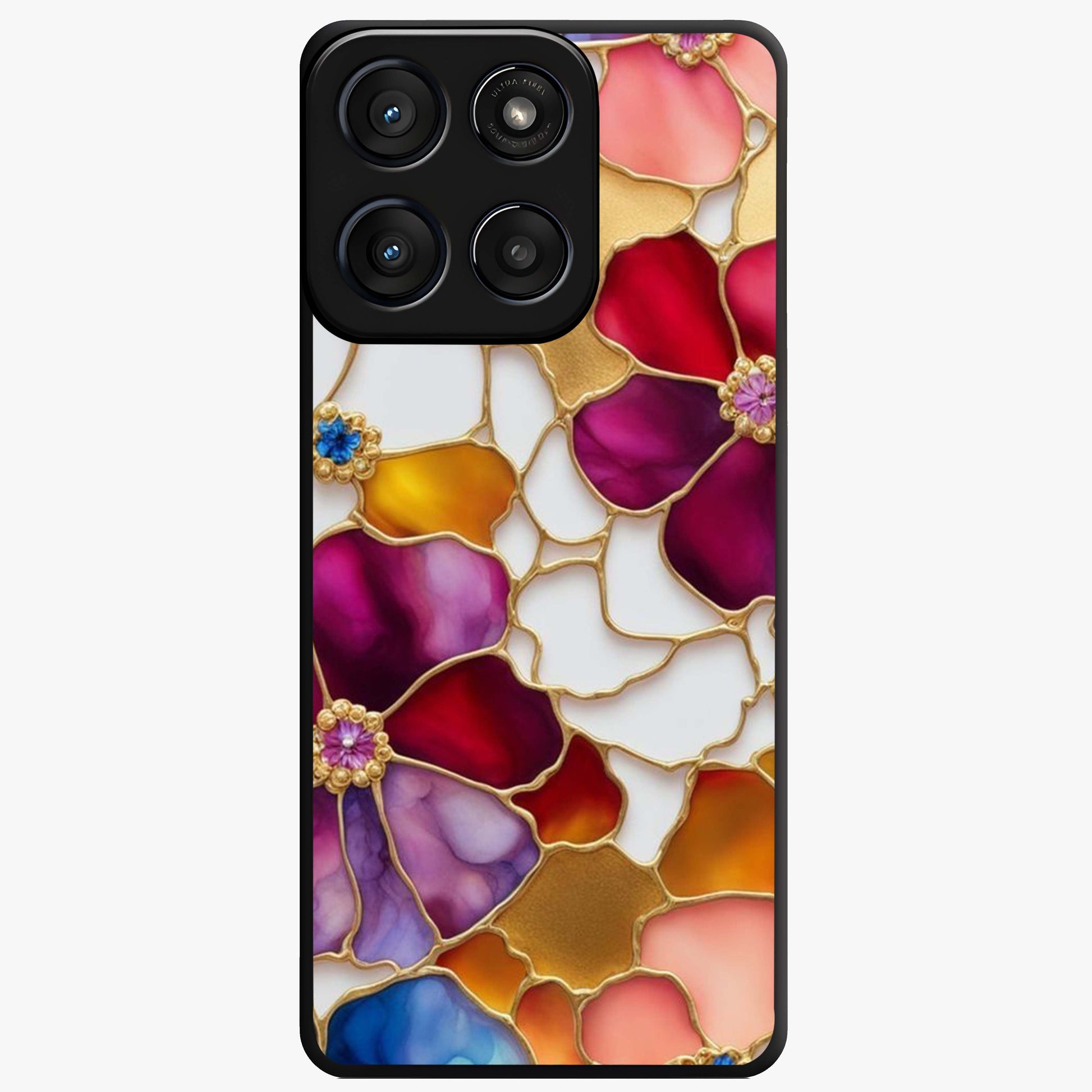 Marble Flower Pattern Glass Case showing flat back view with marble texture floral artwork and glossy glass finish.