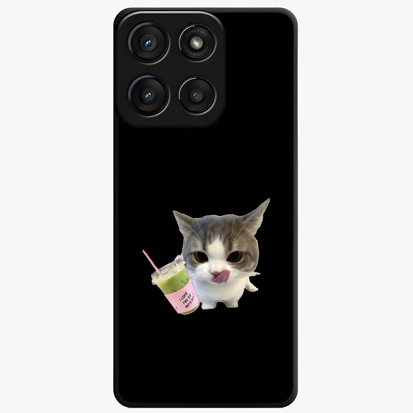 Matcha Cat Style Glass Case showing flat back view with cute matcha themed cat artwork and glossy glass finish.