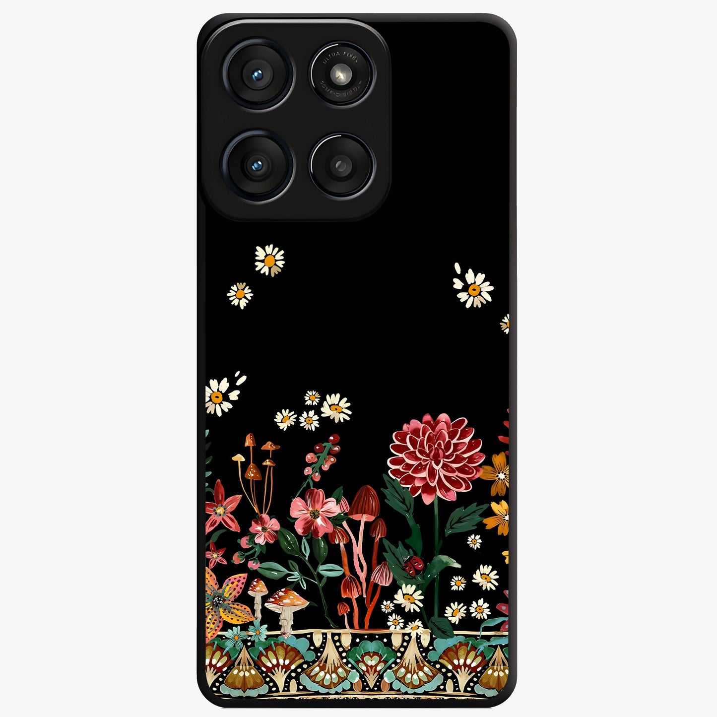 Midnight Bloom Pattern Glass Case showing flat back view with dark floral pattern artwork and glossy glass finish.