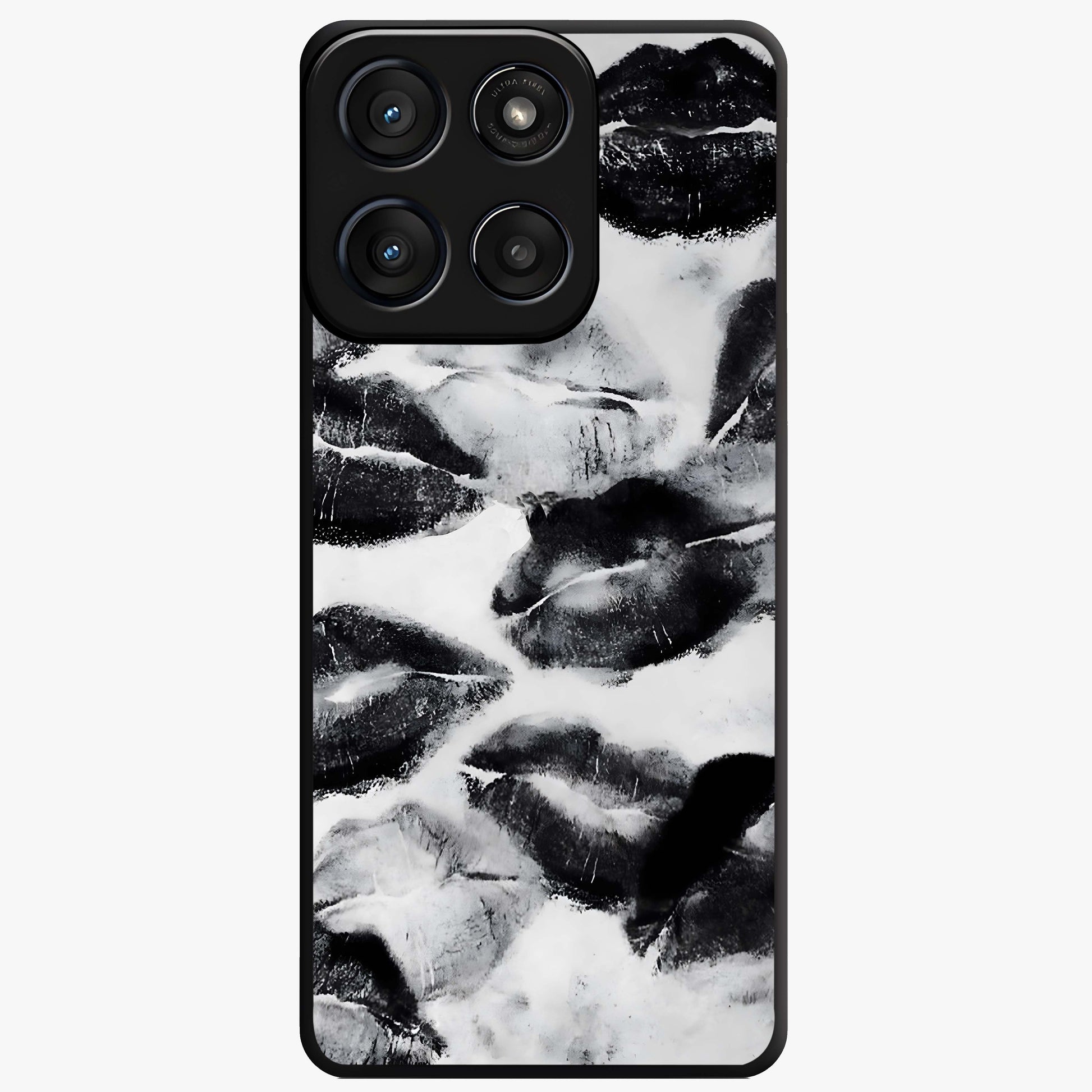 Midnight Kiss Marks Glass Case showing flat back view with lipstick kiss mark artwork and glossy glass finish.