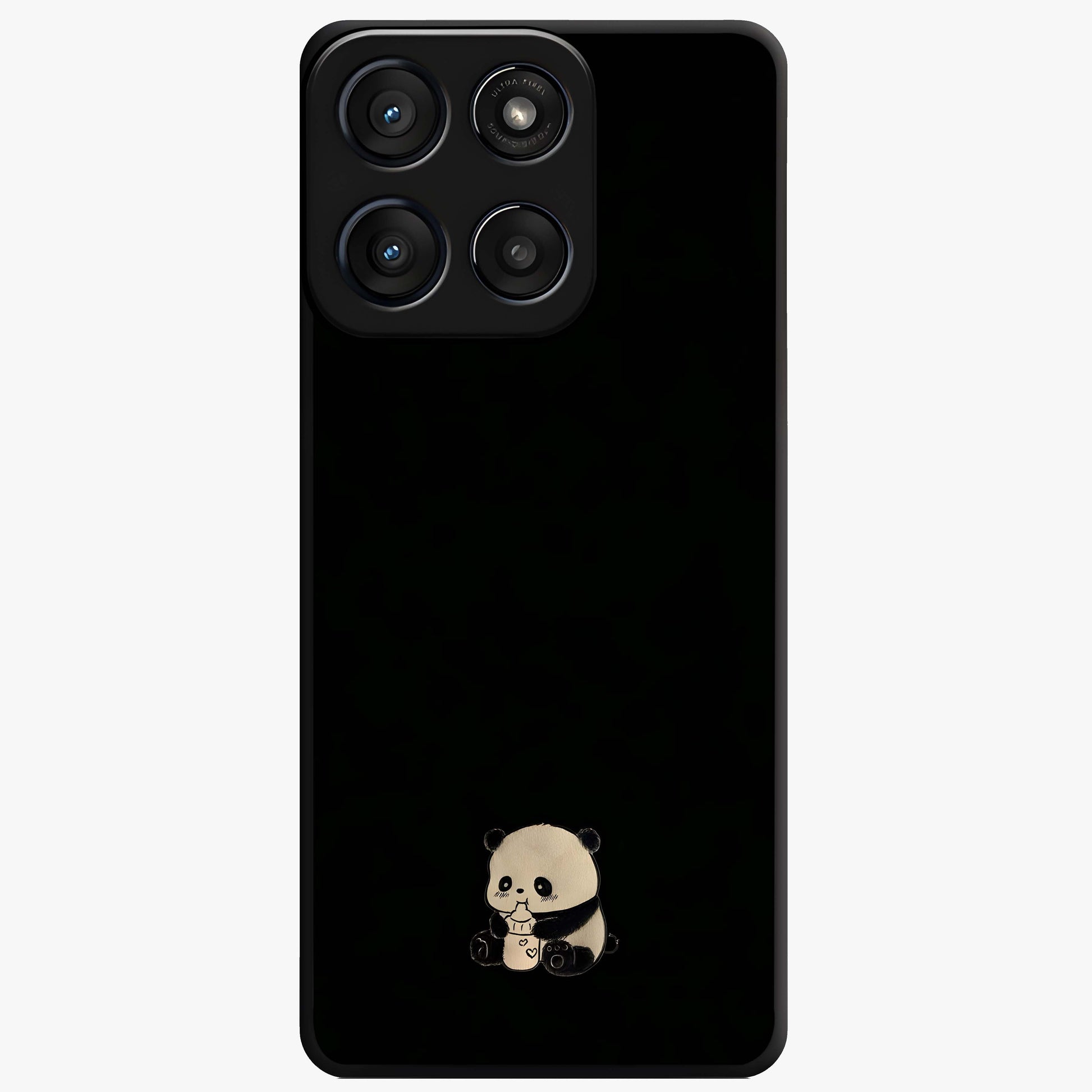 Midnight Panda Love Glass Case showing flat back view with cute panda themed artwork and glossy glass finish.