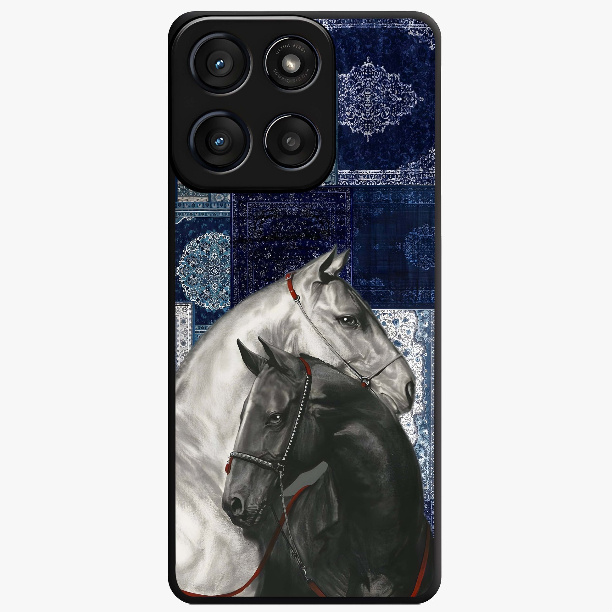 Midnight Stallion Blues Glass Case showing flat back view with majestic horse artwork and glossy glass finish.