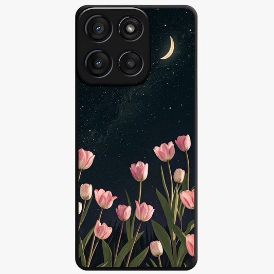 Midnight Tulip Whispers Vibe Glass Case showing flat back view with elegant tulip flower artwork and glossy glass finish.