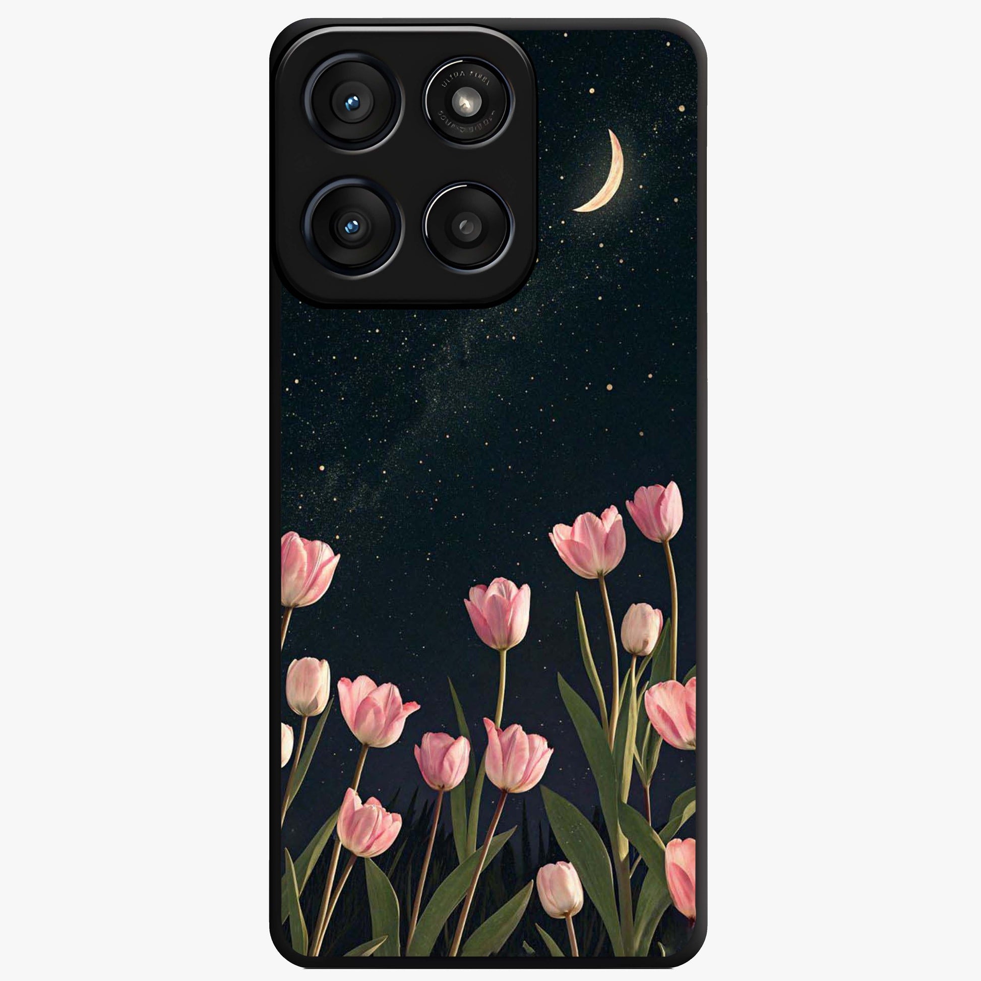 Midnight Tulip Whispers Vibe Glass Case showing flat back view with elegant tulip flower artwork and glossy glass finish.