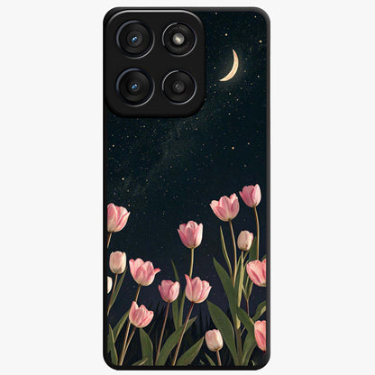 Midnight Tulip Whispers Vibe Glass Case showing flat back view with elegant tulip flower artwork and glossy glass finish.