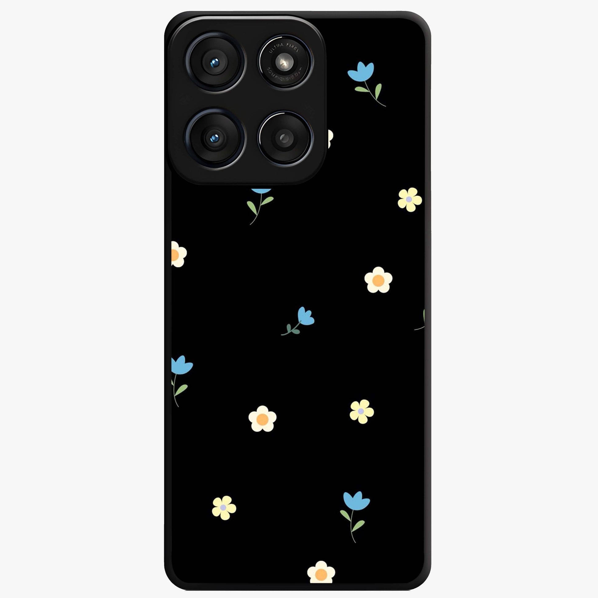 Minimalistic Blue With White Flower Pattern Glass Case showing flat back view with blue background and white flower pattern and glossy glass finish.