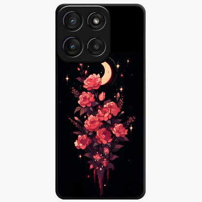 Moonlit Floral Elegance Glass Case showing flat back view with elegant floral artwork under moonlit tones and glossy glass finish.