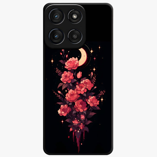 Moonlit Floral Elegance Glass Case showing flat back view with elegant floral artwork under moonlit tones and glossy glass finish.