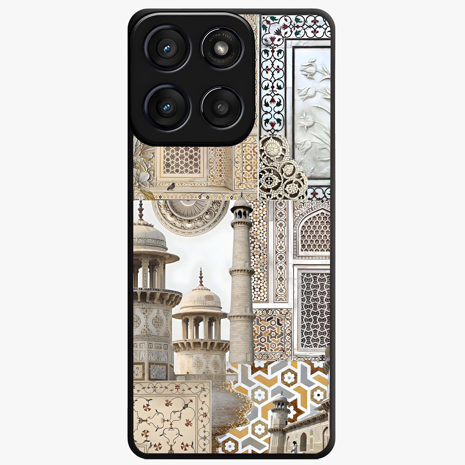 Mughal Marble Legacy Glass Case showing flat back view with intricate Mughal inspired marble pattern and glossy glass finish.