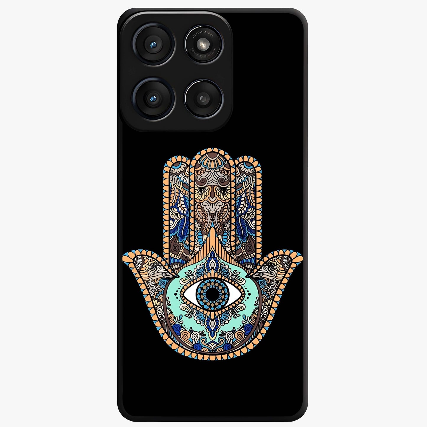 Mystic Hamsa Eye Glass Case showing flat back view with protective hamsa hand and evil eye artwork and glossy glass finish.