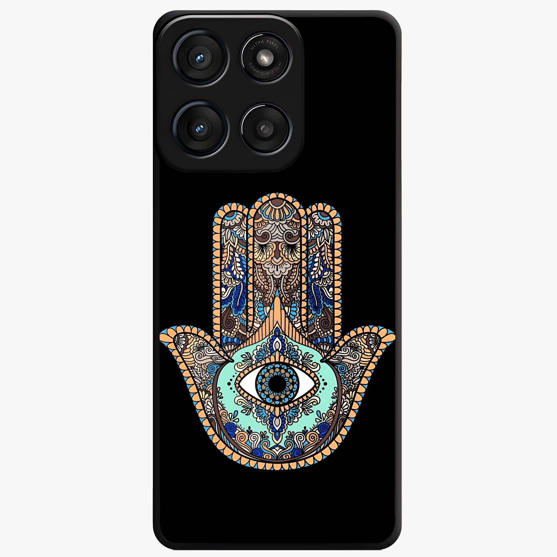 Mystic Hamsa Eye Glass Case showing flat back view with protective hamsa hand and evil eye artwork and glossy glass finish.