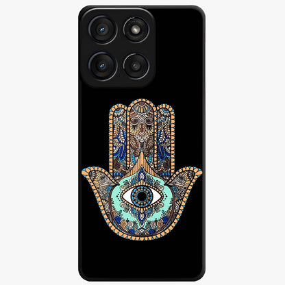 Mystic Hamsa Eye Glass Case showing flat back view with protective hamsa hand and evil eye artwork and glossy glass finish.