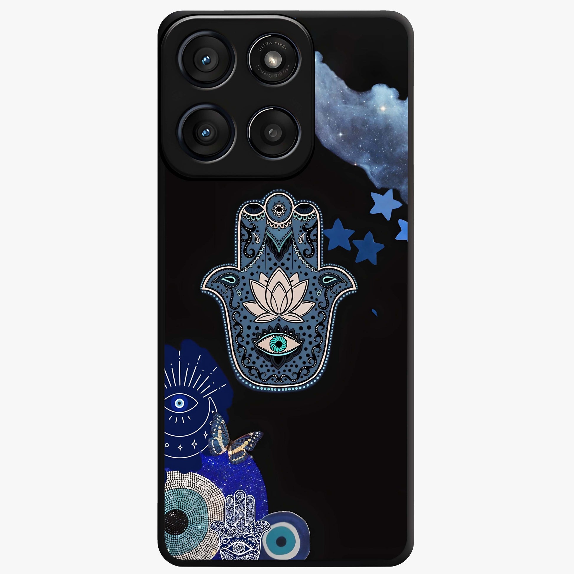 Mystic Hand Aura Glass Case showing flat back view with mystical hand symbol artwork and glossy glass finish.