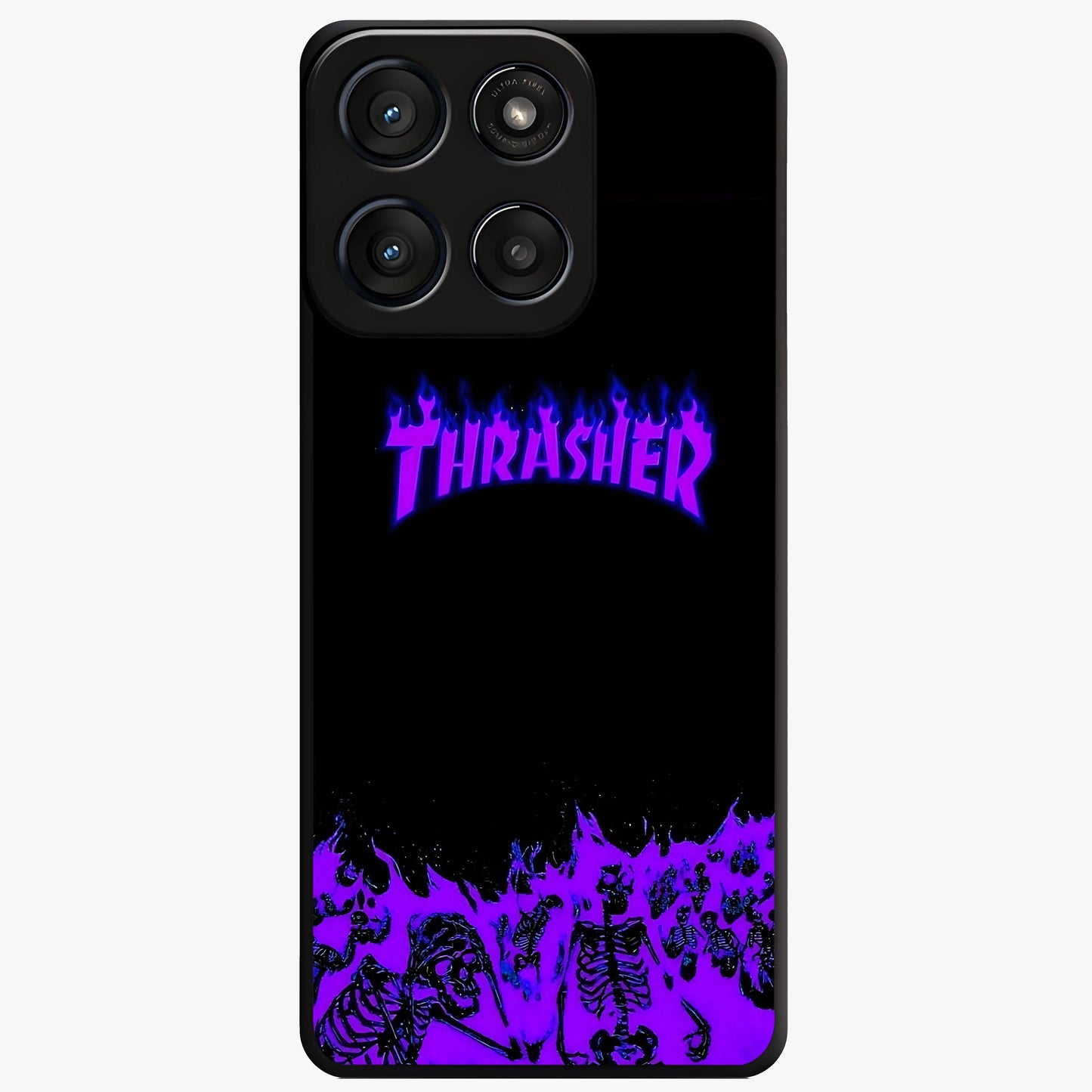 Neon Flame Riot Glass Case showing flat back view with neon flame artwork and glossy glass finish.
