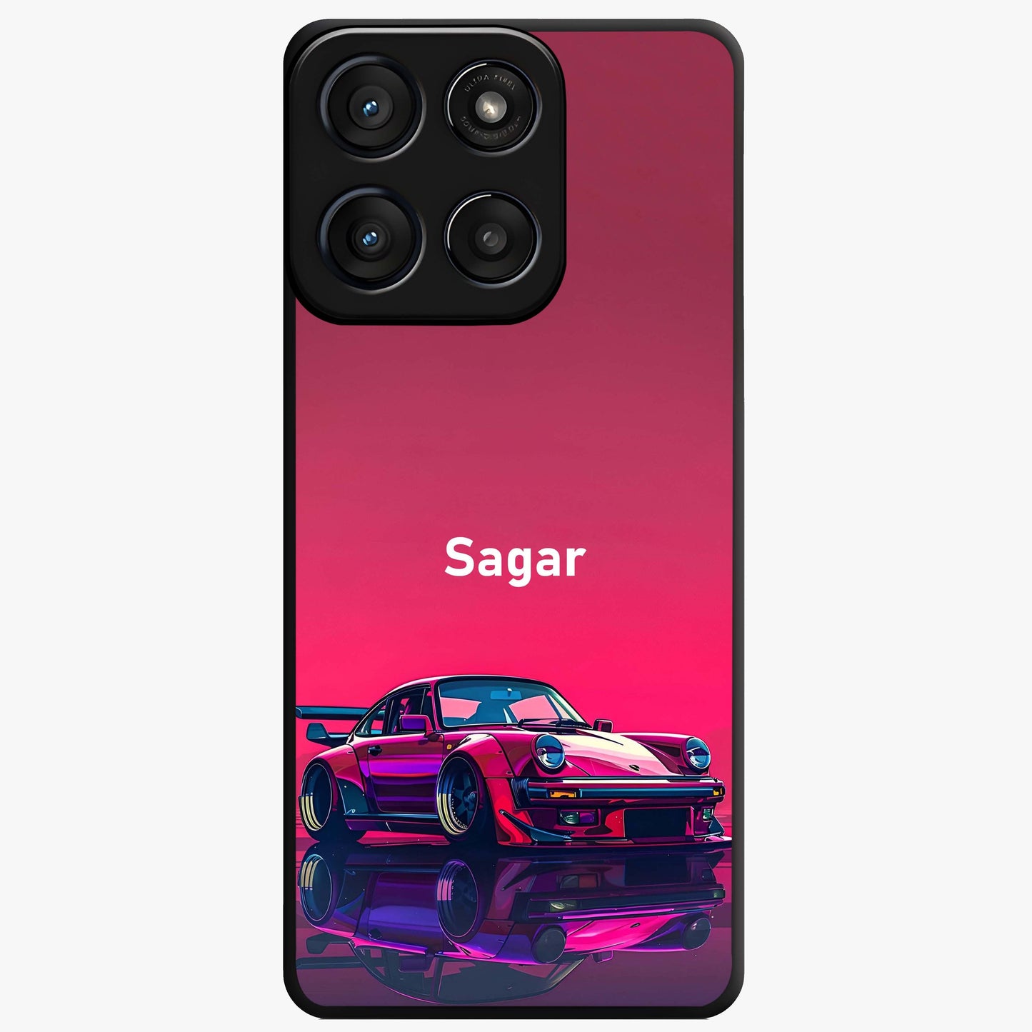 Neon Pink Porsche Glass Case showing flat back view with stylish sports car artwork and glossy glass finish.