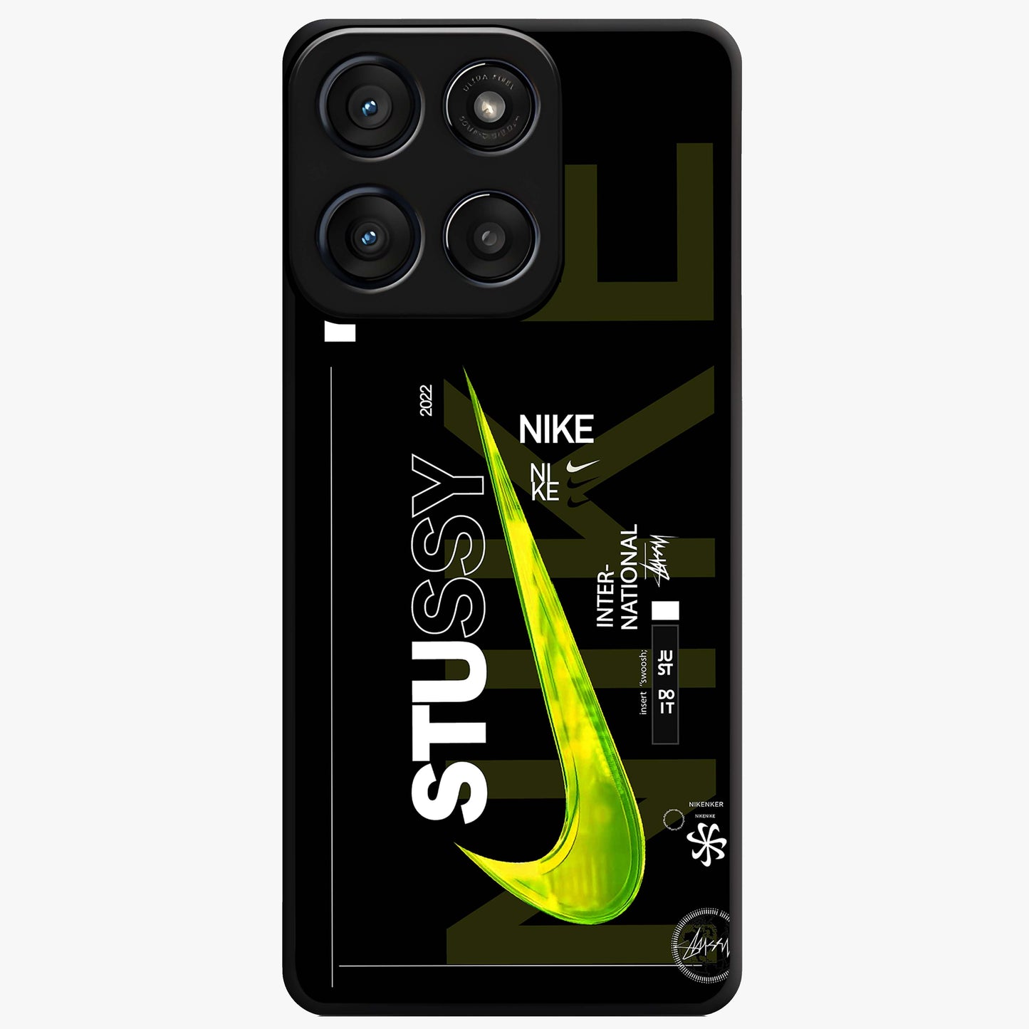 Neon Street Edition Glass Case showing flat back view with neon street style artwork and glossy glass finish.