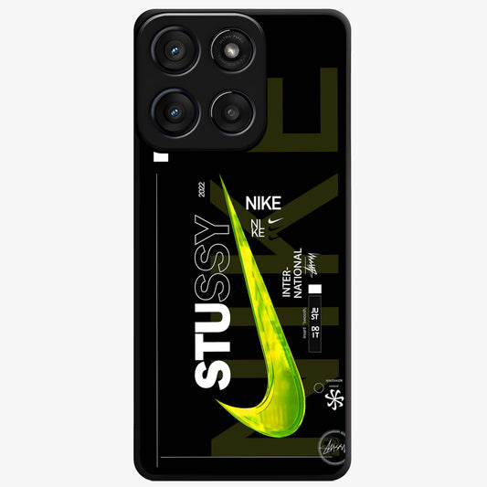 Neon Street Edition Glass Case showing flat back view with neon street style artwork and glossy glass finish.
