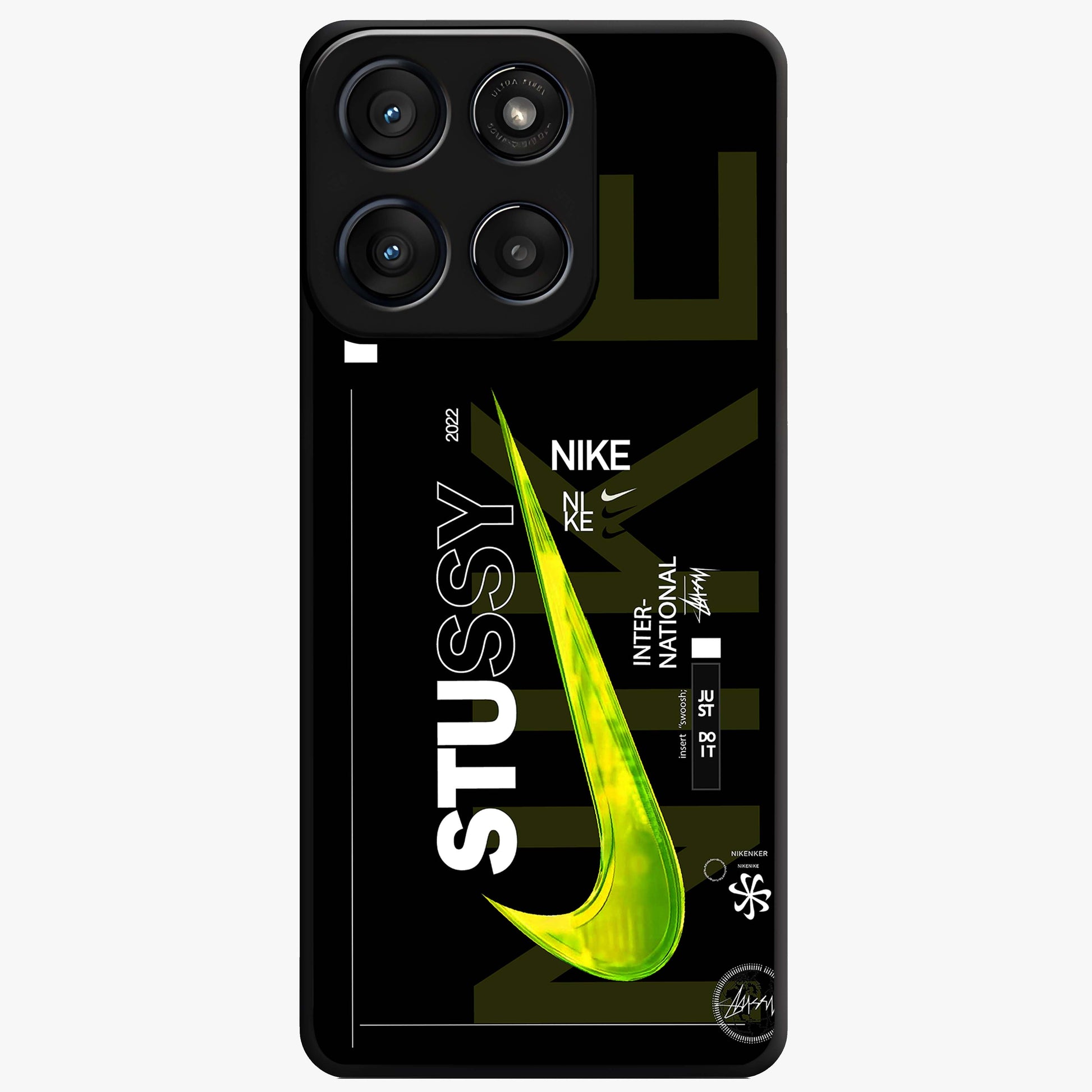 Neon Street Edition Glass Case showing flat back view with neon street style artwork and glossy glass finish.