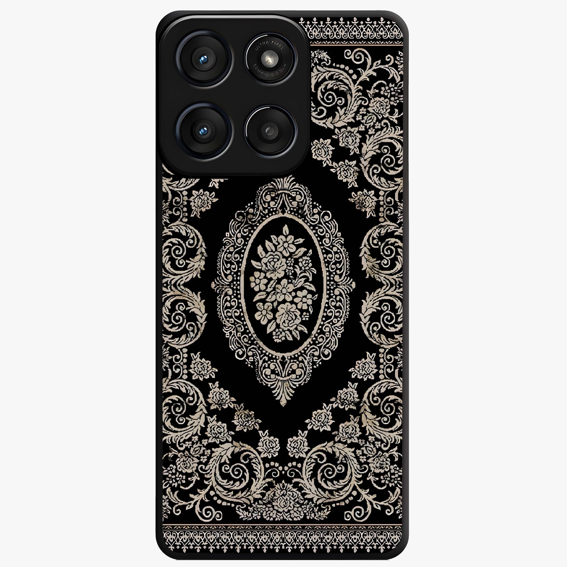 Noir Bloom Elegance Glass Case showing flat back view with elegant dark floral artwork and glossy glass finish.