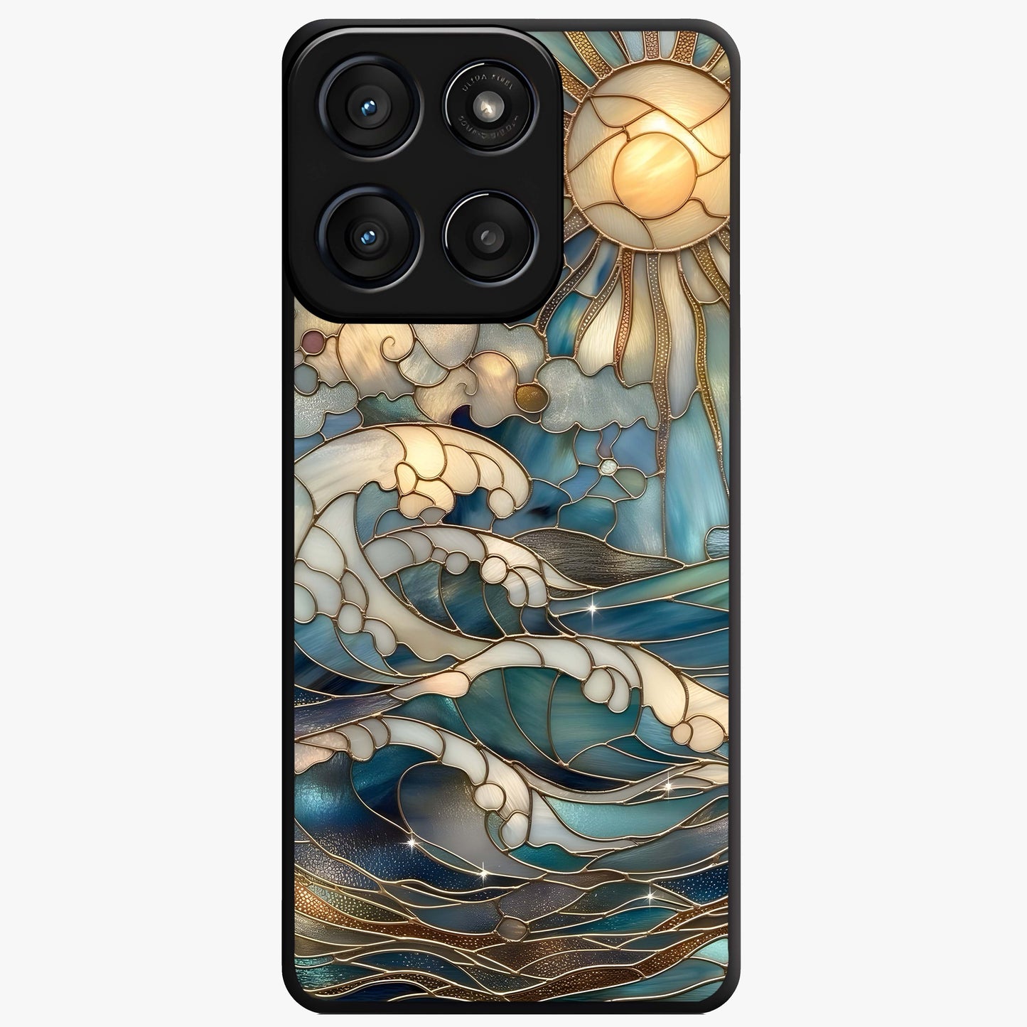 Oceanic Stained Printed Glass Case showing flat back view with ocean inspired stained pattern artwork and glossy glass finish.
