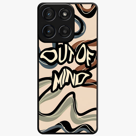 Out Of Mind Glass Case showing flat back view with expressive typography artwork and glossy glass finish.