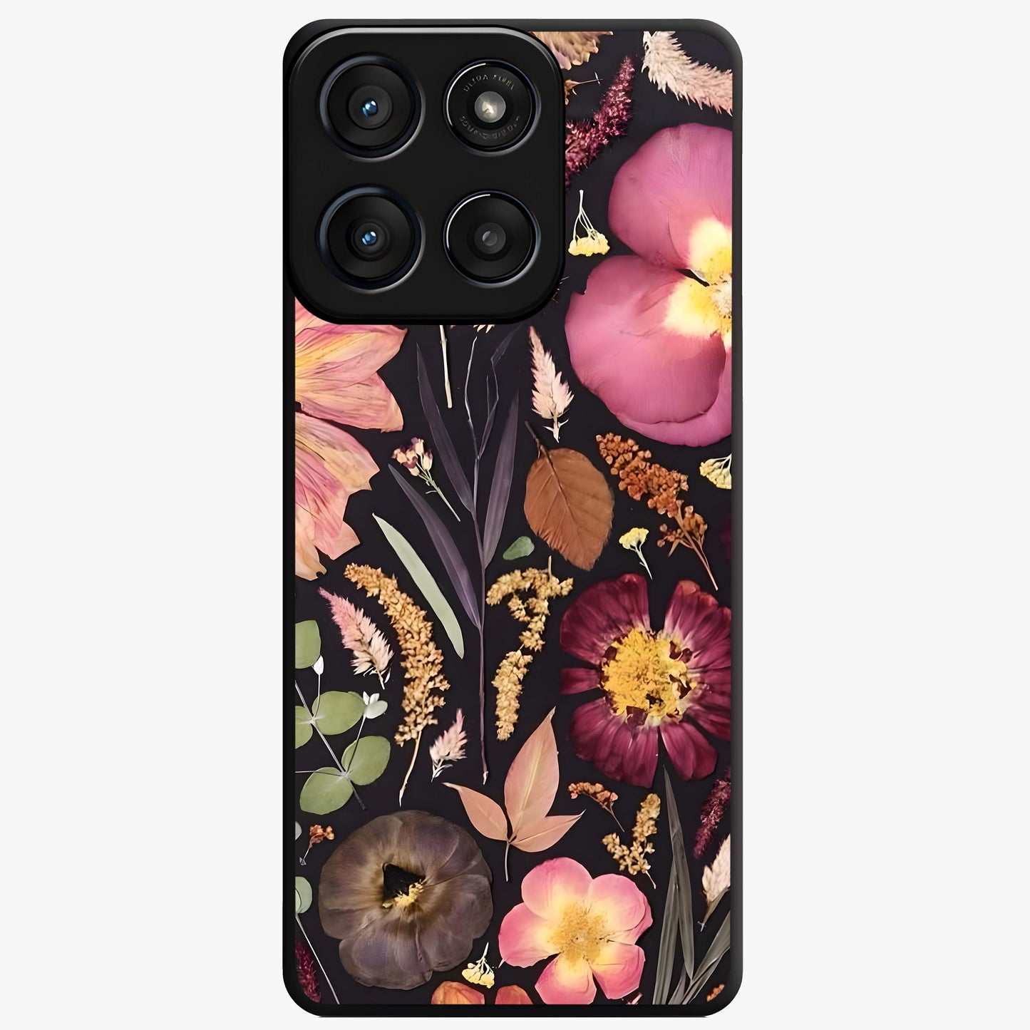 Petal Dream Tapestry Glass Case showing flat back view with intricate floral tapestry artwork and glossy glass finish.
