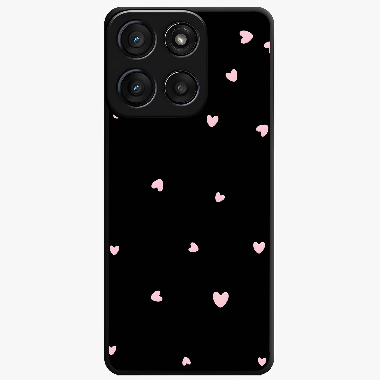 Pink Love Drops Glass Case showing flat back view with playful pink heart drops artwork and glossy glass finish.
